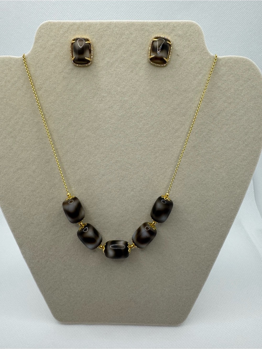Gold Chain Necklace and Earring Set with Dark Brown Beads